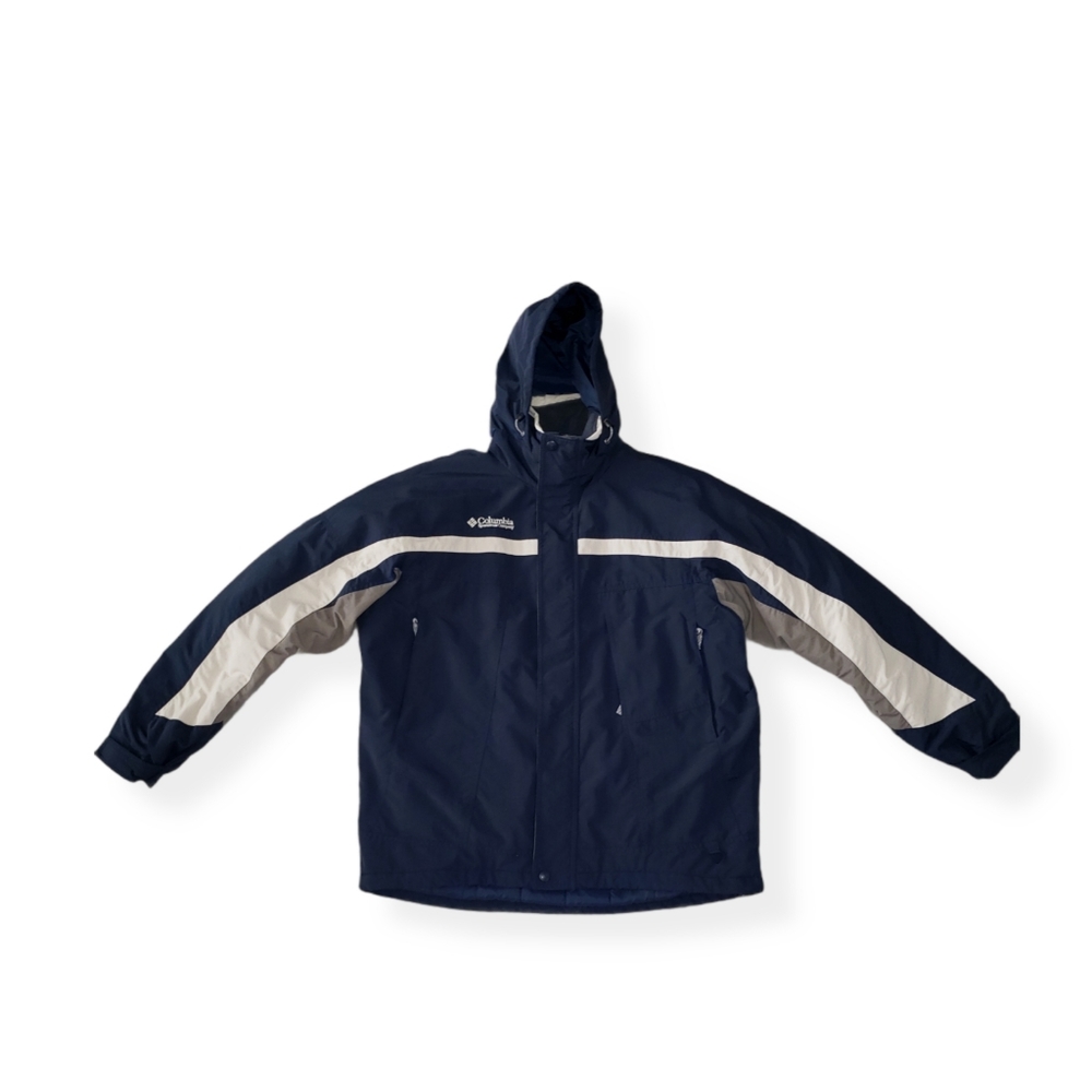Columbia Mens Large Navy Blue Fleece Lined Winter Jacket Storable Hood Coat